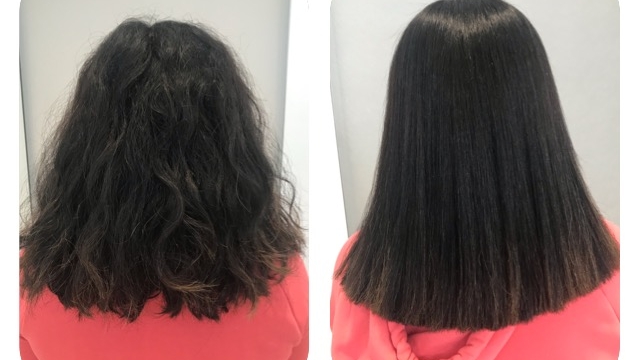 Before and after Japanese hair straightening, side view